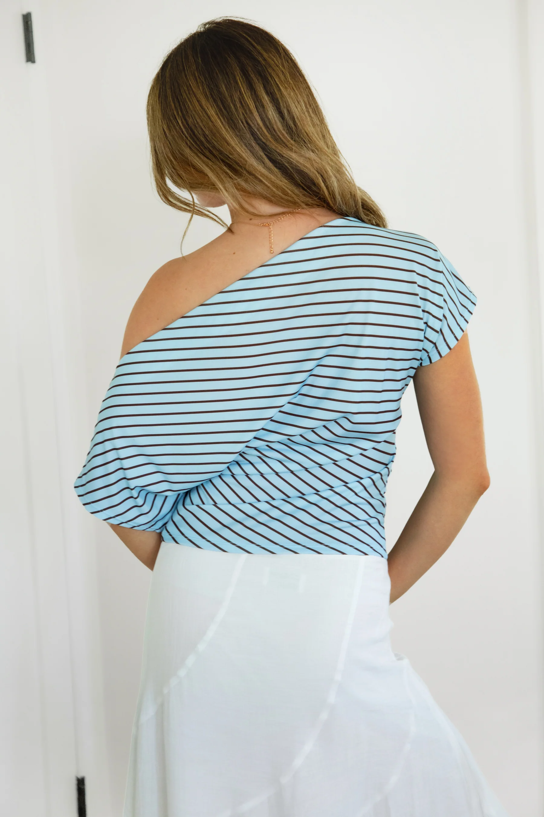 AURE Striped Slash Neck Ruched Waist Top - Image 5