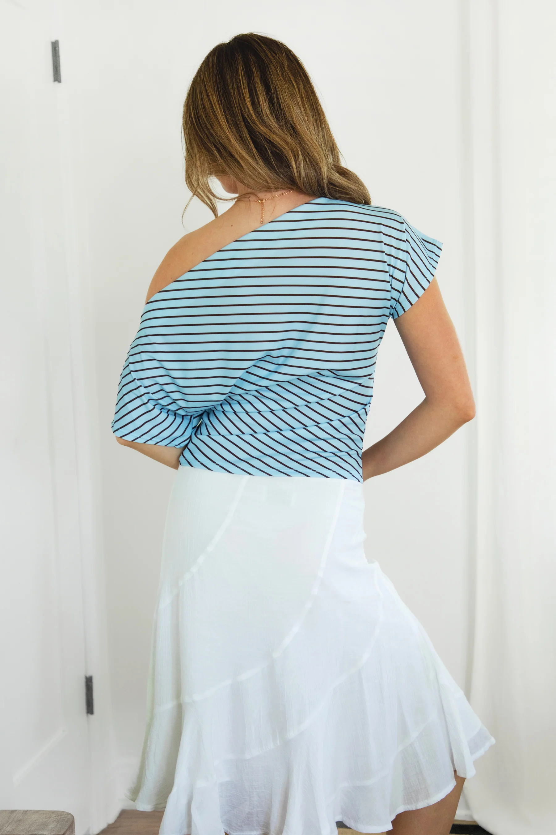 AURE Striped Slash Neck Ruched Waist Top - Image 4