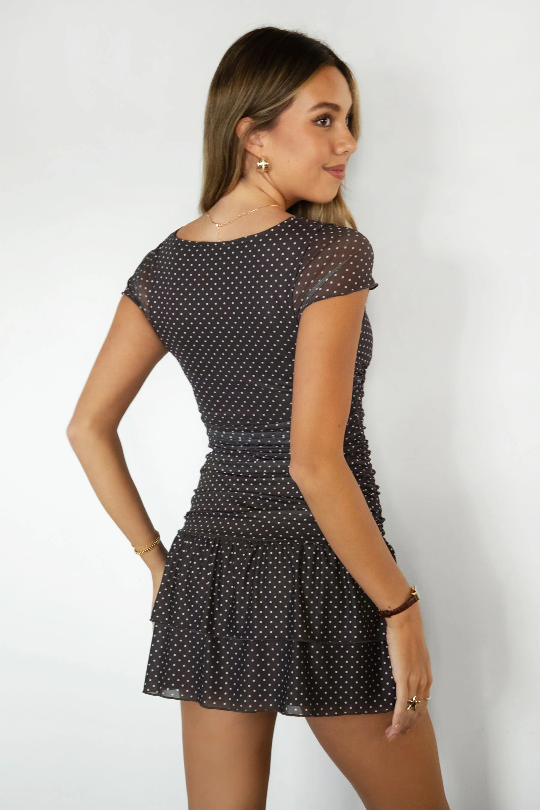 ALOURA Micro Polka Dot Deep V-Neck Mini Dress - Image 4