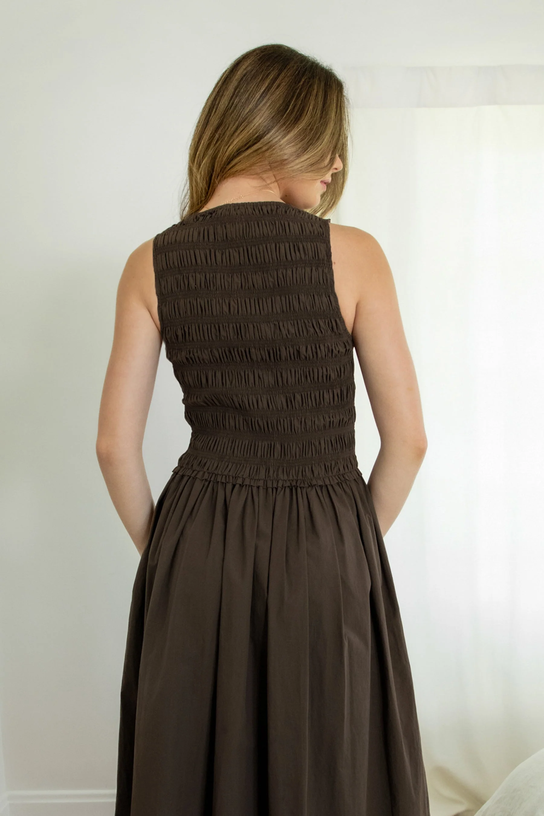 BOONE Boat Neck Poplin Smocked Body Midi Dress - Image 4