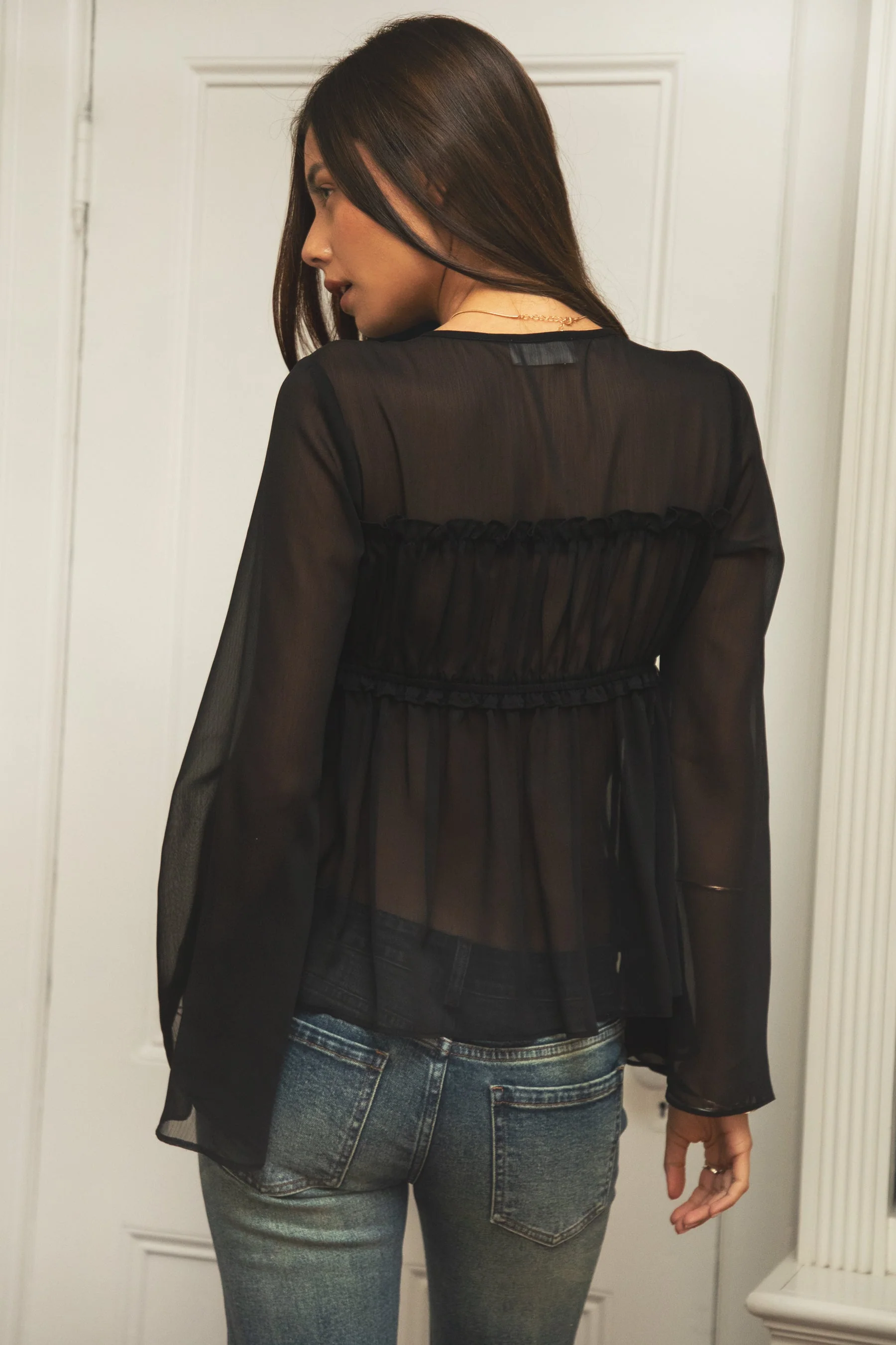 SOLENE Sheer Chiffon Front Tie Flare Long Sleeve Top - Image 8