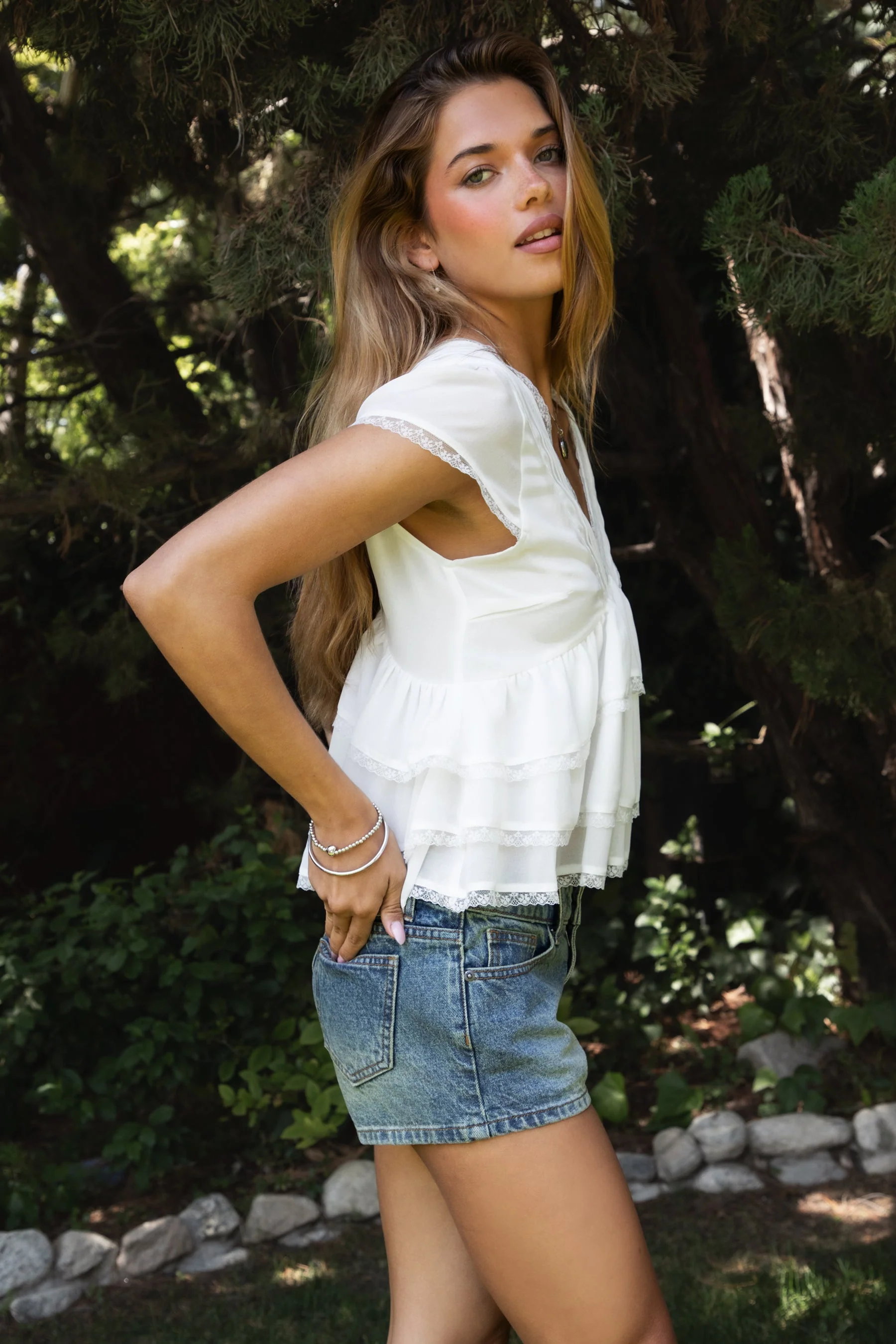 JULIETTE V Neck Tiered Ruffle Short Sleeve Blouse - Image 3