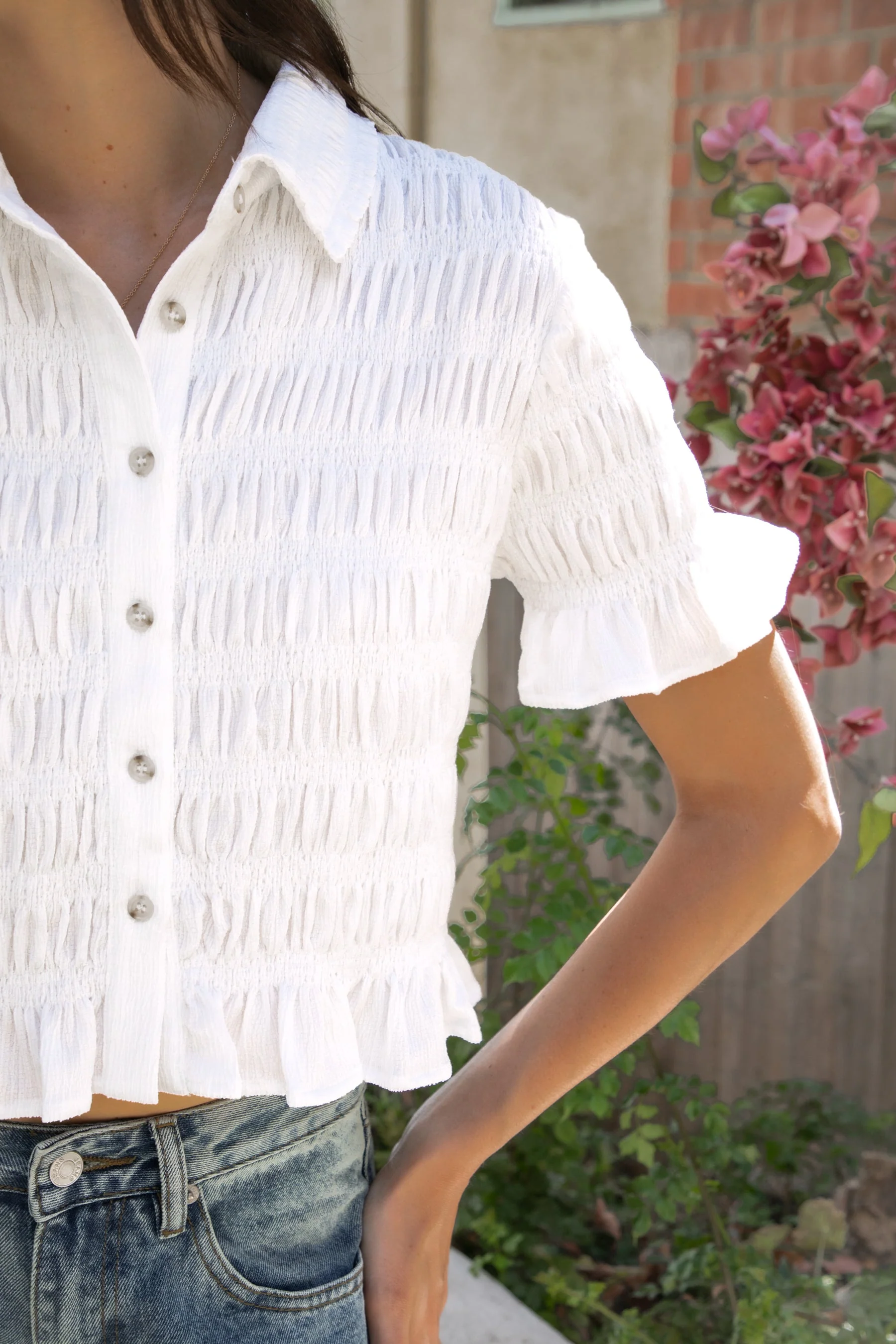 LISETTE Smocked Button Front Collared Crop Top - Image 2