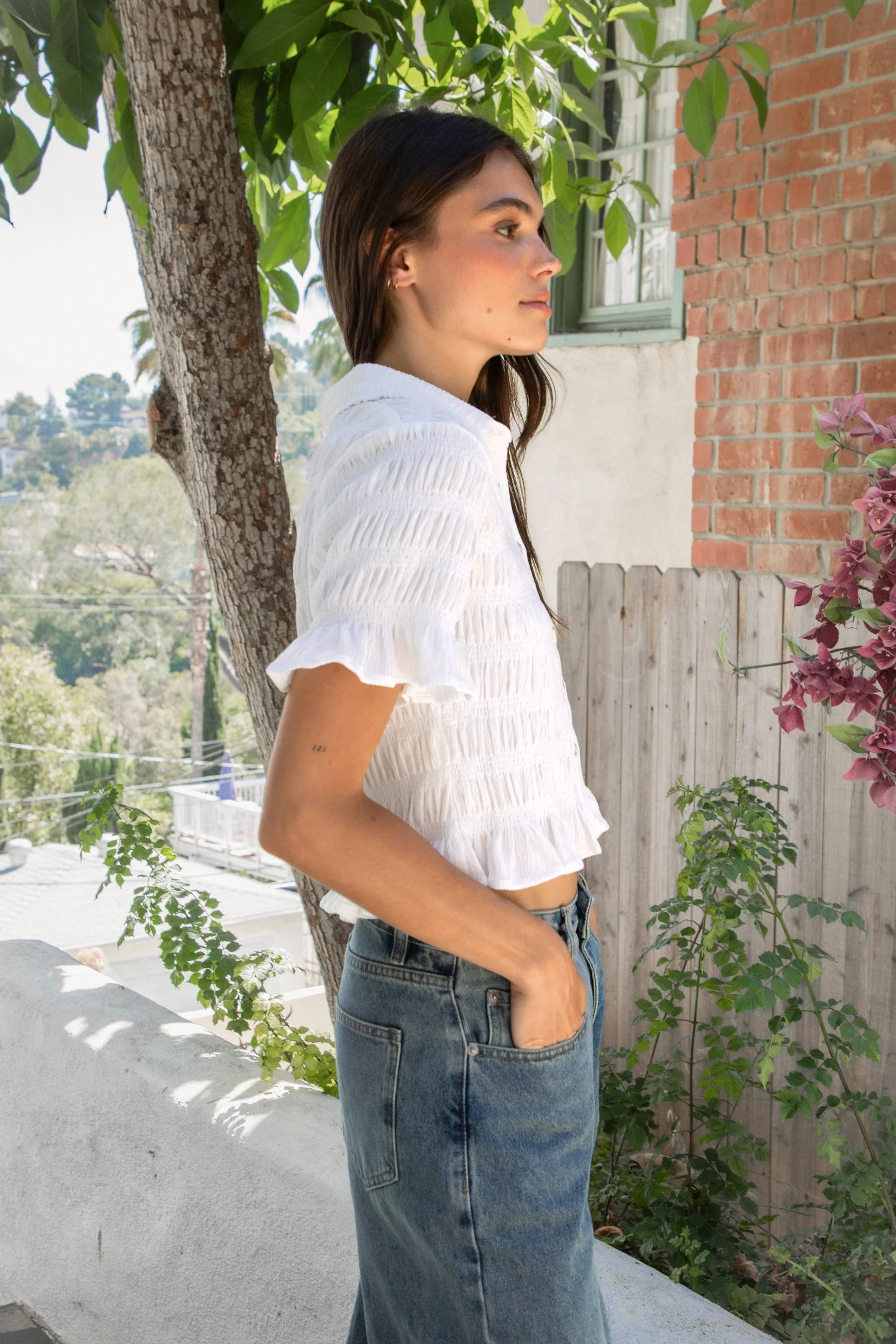 LISETTE Smocked Button Front Collared Crop Top - Image 4