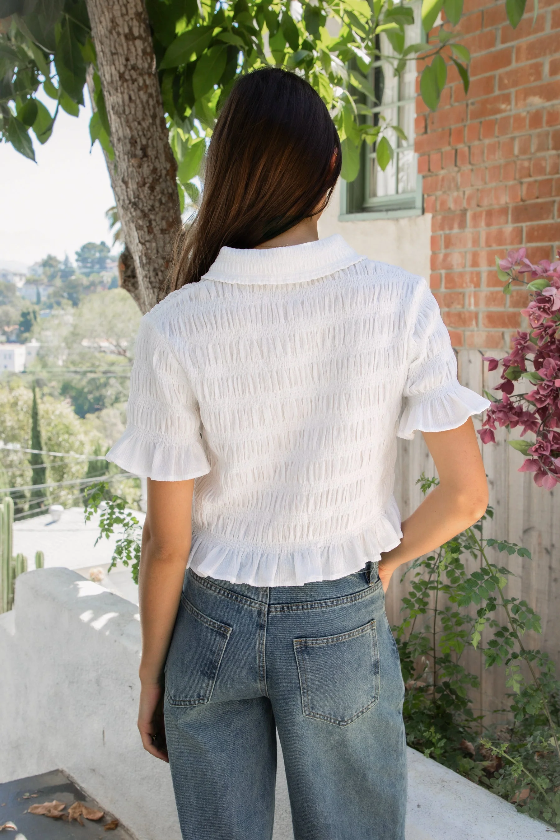 LISETTE Smocked Button Front Collared Crop Top - Image 6