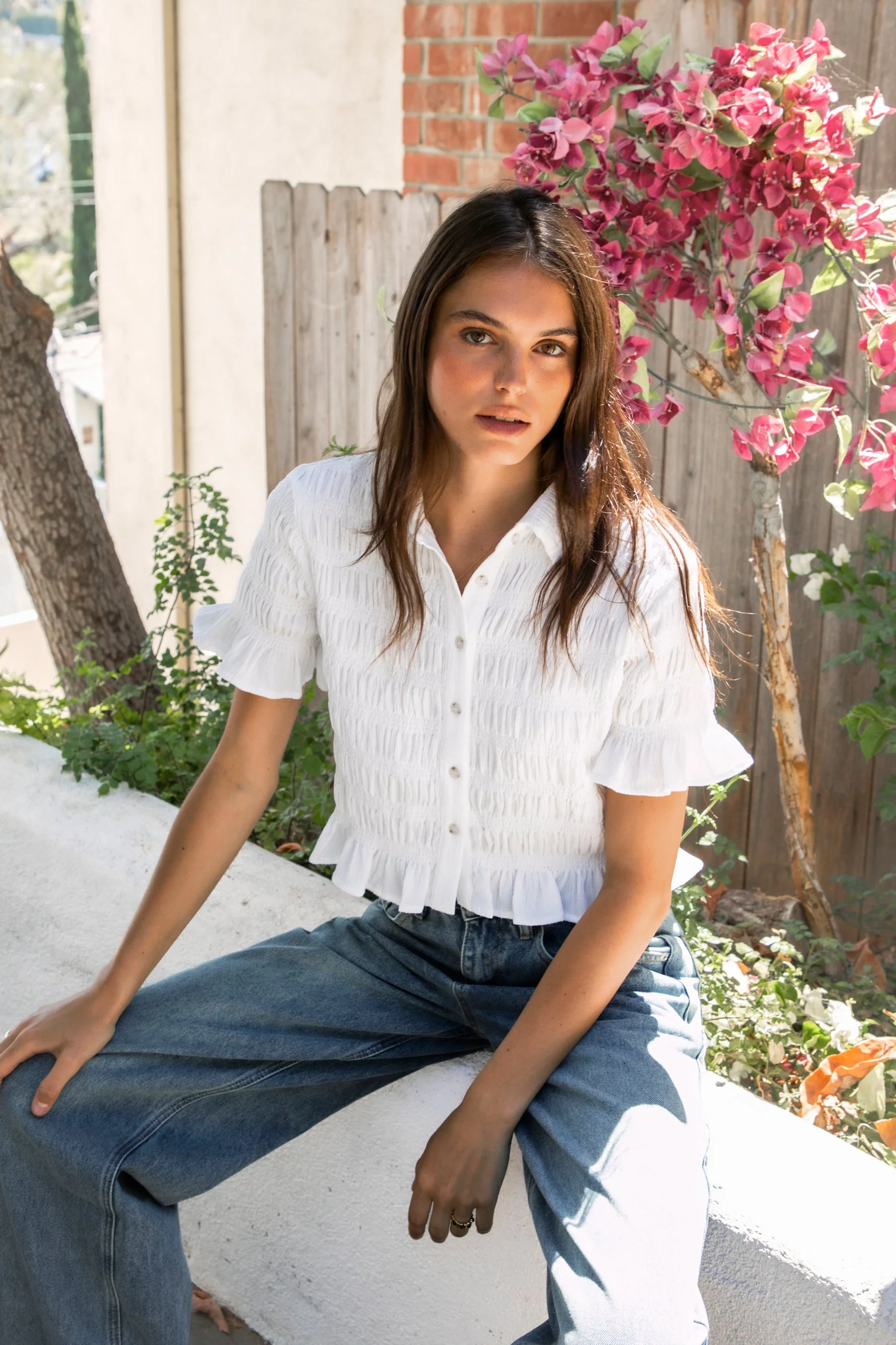 LISETTE Smocked Button Front Collared Crop Top - Image 7